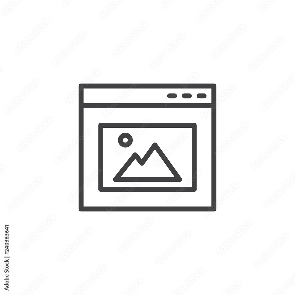 Website image gallery outline icon. linear style sign for mobile concept and web design. Browser window with picture simple line vector icon. Symbol, logo illustration. Pixel perfect vector graphics Website image gallery outline icon. linear style sign for mobile concept and web design. Browser window with picture simple line vector icon. Symbol, logo illustration. Pixel perfect vector graphics