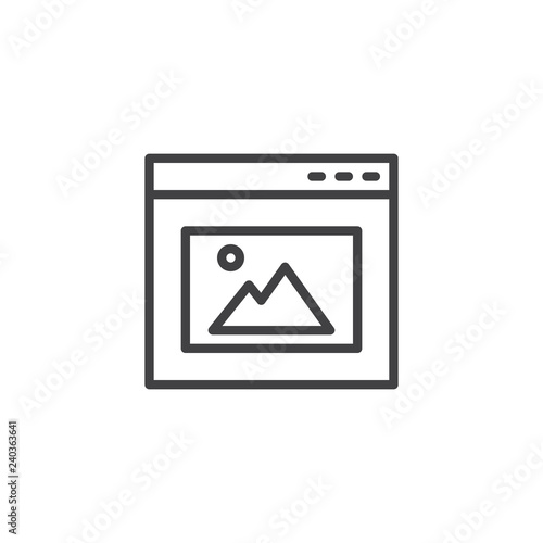 Website image gallery outline icon. linear style sign for mobile concept and web design. Browser window with picture simple line vector icon. Symbol, logo illustration. Pixel perfect vector graphics