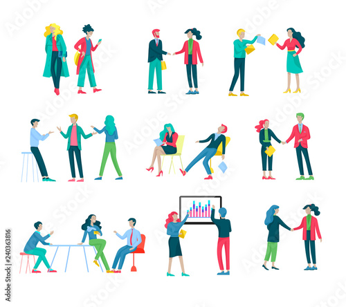 Businessmen making handshake, business etiquette, merger concepts office workers, clerks or managers talking to each other, discussing, depressed Tired male and female office workers sitting, sleeping
