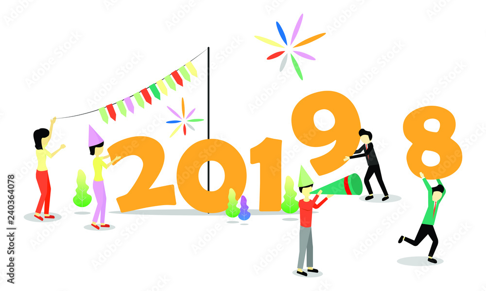 Happy new year 2019 illustration. Group of people preparing for new year 2019 Happy new year 2019 illustration. Group of people preparing for new year 2019