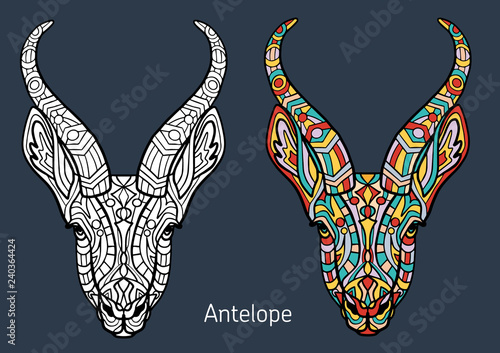 Coloring book for adults. antelope head with hand-drawn patterns. The antelope head is decorated with ornament. Hand drawing.