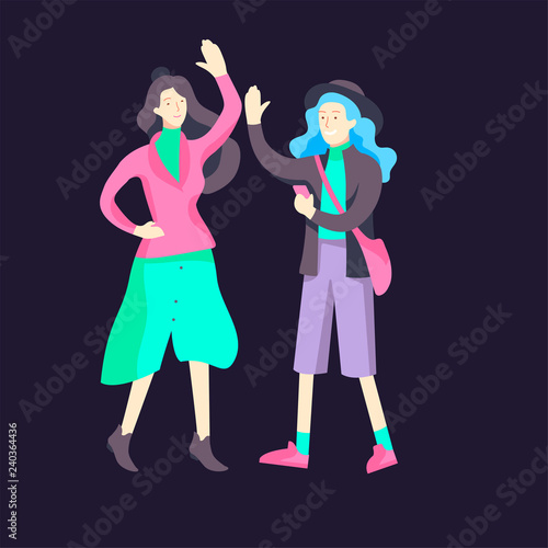 Vector people character walking on the street in autumn or winter clothes, friends and couples. Colorful flat cartoon characters