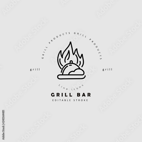 Vector icon and logo for meat and grill cafe or steak restaurant. Editable outline stroke size. Line flat contour, thin and linear design. Simple icons. Concept illustration. Sign, symbol, element.