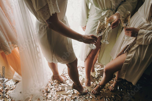 Bride with bridesmaids in silk robes toasting with champagne glasses and showing sexy legs, standing on gold and silver confetti,bridal boudoir morning party. Hen shower. photo