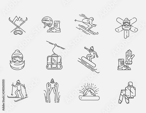 Vector icon and logo for snowboarding and skiing or other winter sports. Editable outline stroke size. Line flat contour, thin and linear design. Simple icons. Concept illustration. Sign, symbol
