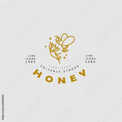 Vector icon and logo honey. Editable outline stroke size. Line flat contour, thin and linear design. Simple icons. Concept illustration. Sign, symbol, element.