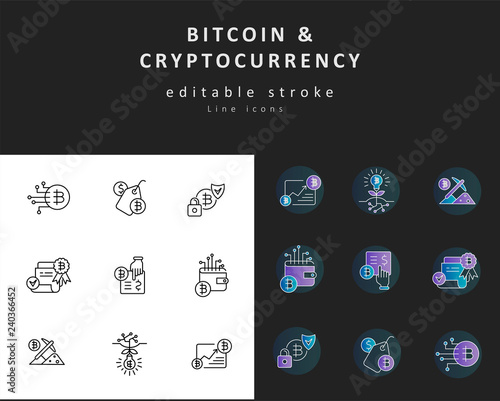 Vector icon and logo bitcoin and cryptocurrency. Editable outline stroke size. Line flat contour, thin and linear design. Simple icons. Concept illustration. Sign, symbol, element.