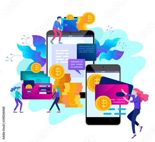 Cryptocurrency and blockchain composition with people, analysts and managers working on crypto start up