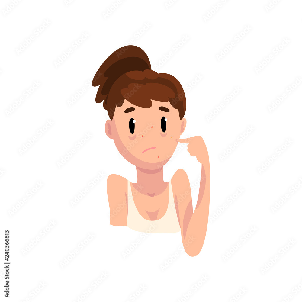 Girl with skin problems, dermatology and cosmetology concept vector Illustration on a white background Girl with skin problems, dermatology and cosmetology concept vector Illustration on a white background
