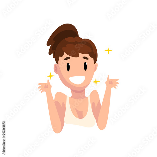 Happy girl with clear skin, young woman caring for her face, dermatology and cosmetology concept vector Illustration on a white background