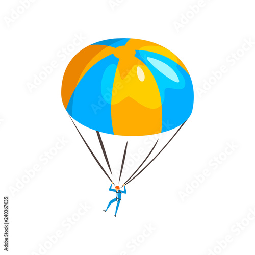 Skydiver descending with a parachute in the sky, extreme parachuting sport vector Illustration on a white background