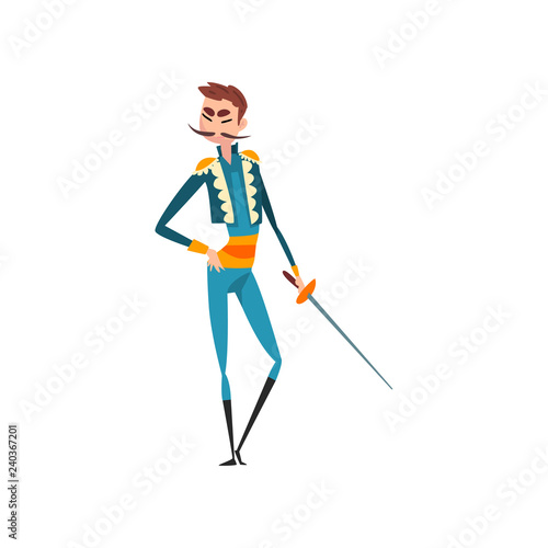 Toreador with sword, bullfighting, corrida performance vector Illustration on a white background