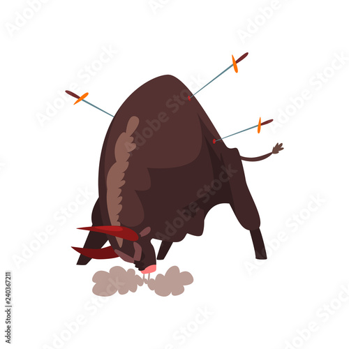 Furious black bull pierced by swords, bullfighting, corrida performance vector Illustration on a white background