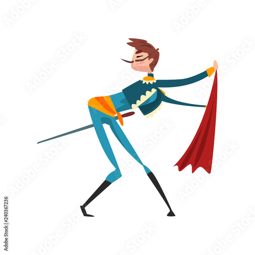 Toreador with red cape and sword, bullfighting, corrida performance vector Illustration on a white background