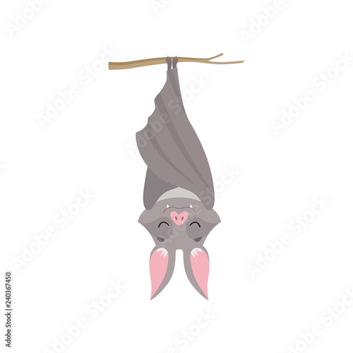 Funny bat hanging upside down on tree branch wrapped in its wings, gray creature monster cartoon character vector Illustration on a white background