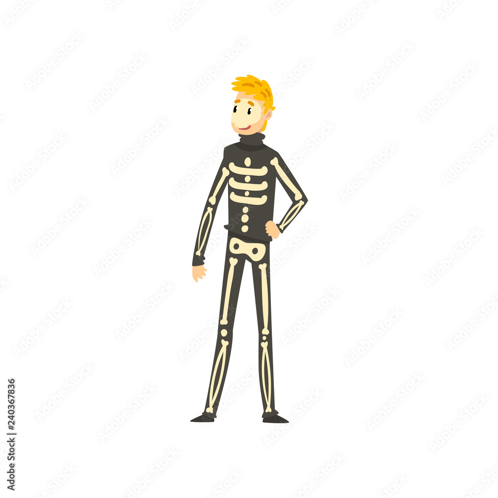 Man dressed as skeleton, funny person at carnival party or masquerade vector Illustration on a white background