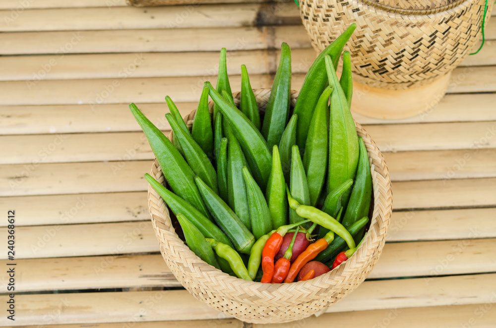 okra in bamboo bastket and chili organic food okra in bamboo bastket and chili organic food