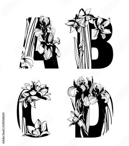 Decorative set of floral pattern flowers letters alphabet abc font.