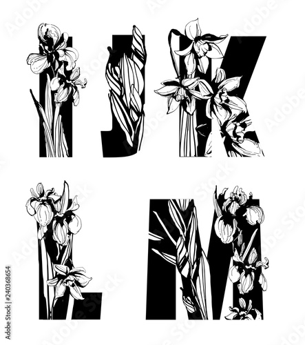 Decorative set of floral pattern flowers letters alphabet abc font.