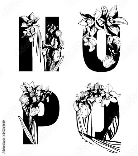 Decorative set of floral pattern flowers letters alphabet abc font.
