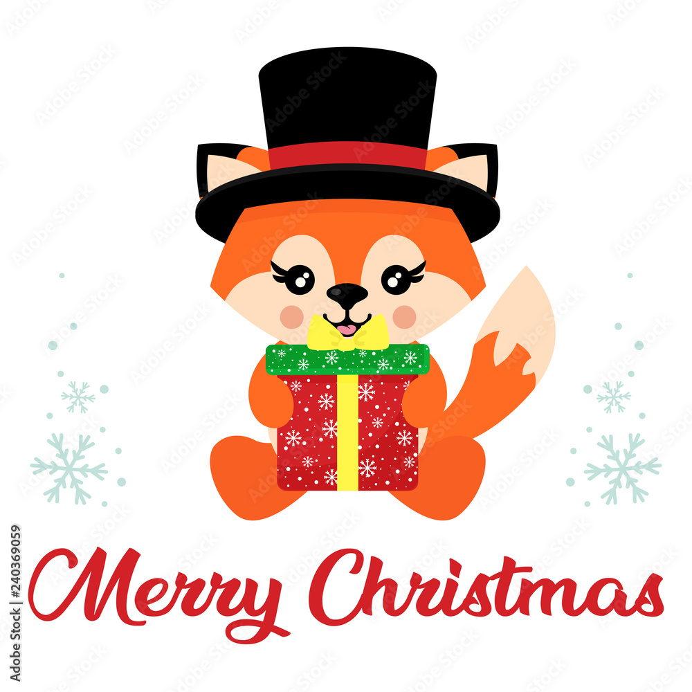 cartoon cute  fox with hat vector sitting and christmas present and christmas text