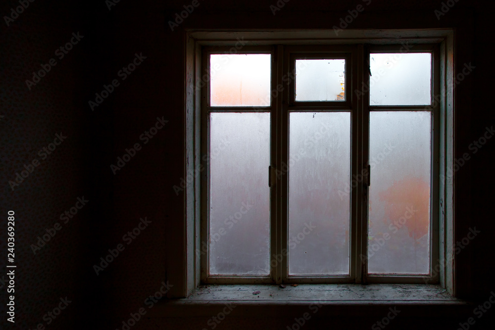 a lighted window in the black room of an abandoned house, a clear outline, glass covered with frost, a lighted window in the black room of an abandoned house, a clear outline, glass covered with frost,