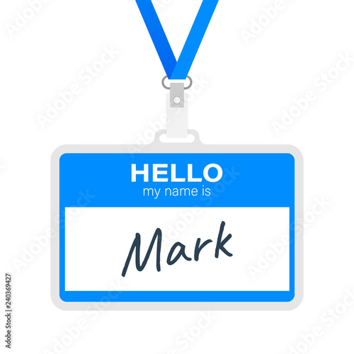 Blue vector "Hello my name is" label sticker on white background. Vector illustration.