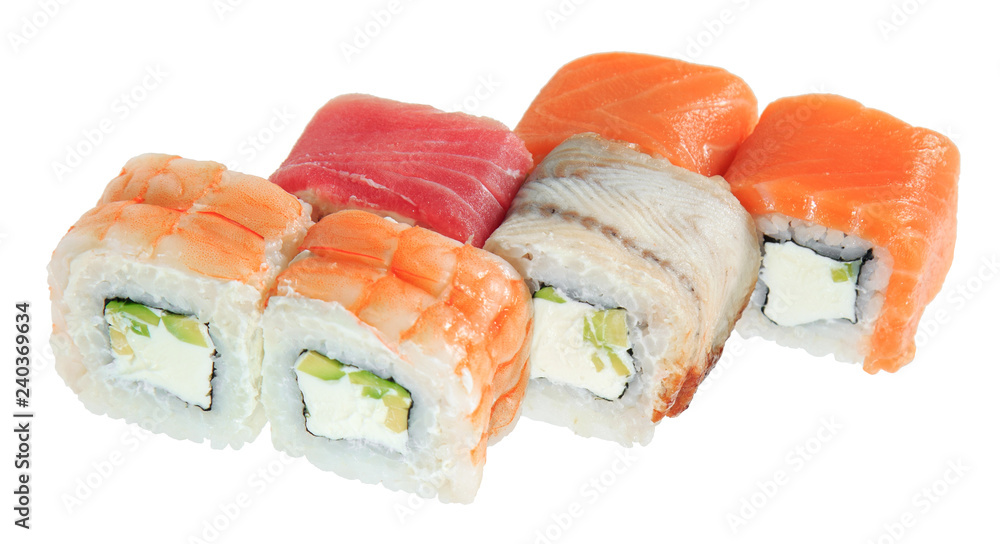 Set of tasty sushi rolls. Isolated on white background. Menu of the Japanese restaurant. Set of tasty sushi rolls. Isolated on white background. Menu of the Japanese restaurant.