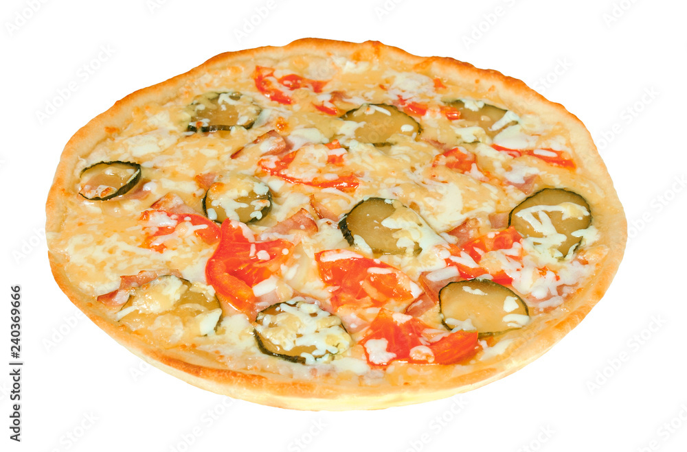 Appetizing pizza with cheese, tomatoes, cucumbers and bacon. Isolated on white background.