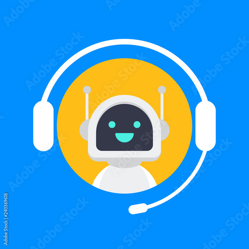 Cute smiling robot, chat bot say hi.Vector modern flat cartoon character illustration. Voice support service bot.