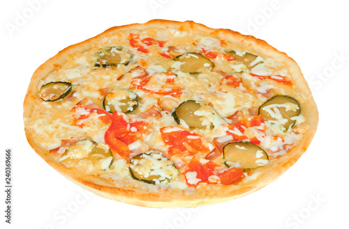 Appetizing pizza with cheese, tomatoes, cucumbers and bacon. Isolated on white background.