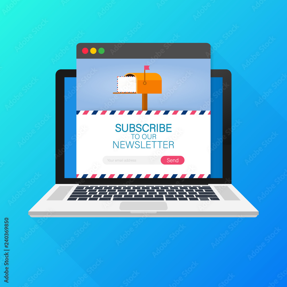 Email subscribe, online newsletter vector template with mailbox and submit button on laptop screen. Email subscribe, online newsletter vector template with mailbox and submit button on laptop screen.
