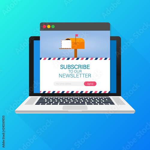 Email subscribe, online newsletter vector template with mailbox and submit button on laptop screen.