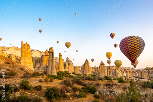 balloons on a background of mountains and dawn in Cappadocia