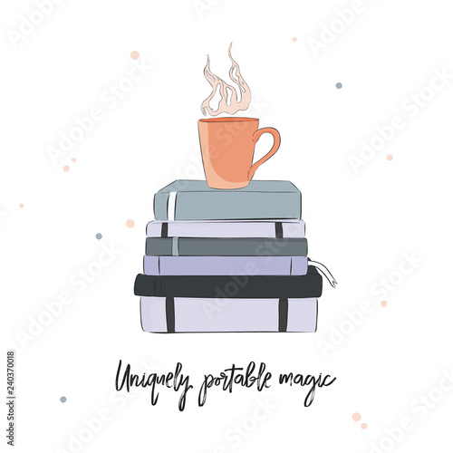 Creative poster with books, cup of coffee and quote. Vector art. Home wall decoration, interior design. Educational elements.