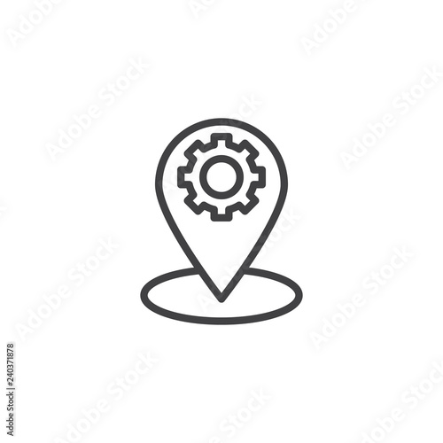 Location map setting outline icon. linear style sign for mobile concept and web design. Map marker and gear simple line vector icon. Symbol, logo illustration. Pixel perfect vector graphics