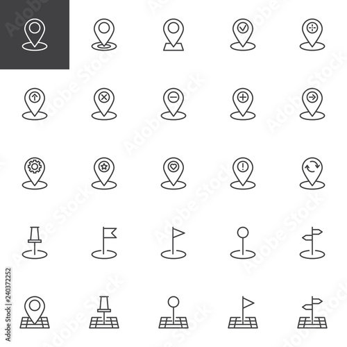 Gps navigation outline icons set. linear style symbols collection line signs pack. vector graphics. Set includes icons as Location pin, Map marker, Direction position arrow, Route destination pointer 