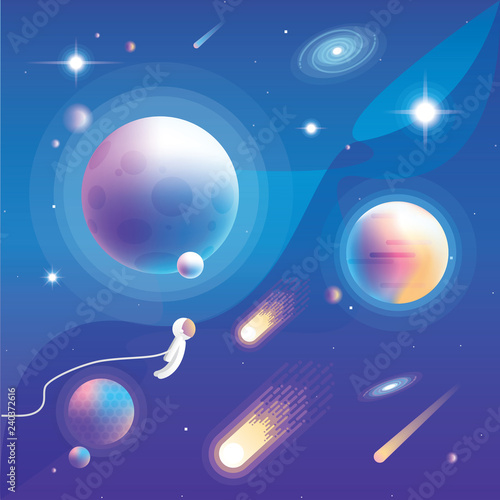 Universe vector illustration with planets, comets, stars, galaxies and astronaut