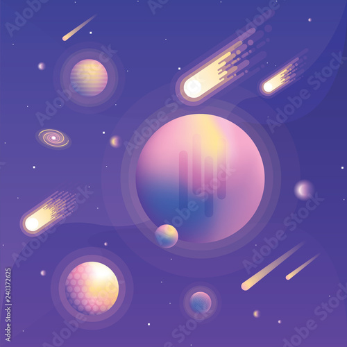 Abstract universe scene with vibrant colored planets, galaxies, falling asteroids and comets