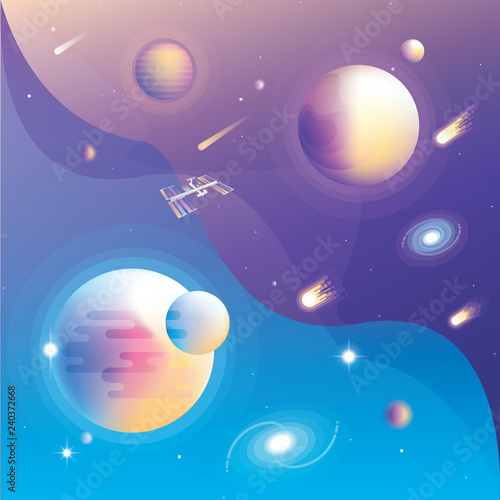 Fototapeta Naklejka Na Ścianę i Meble -  Abstract universe vector scene with vibrant planets, falling comets, galaxies, stars and space station