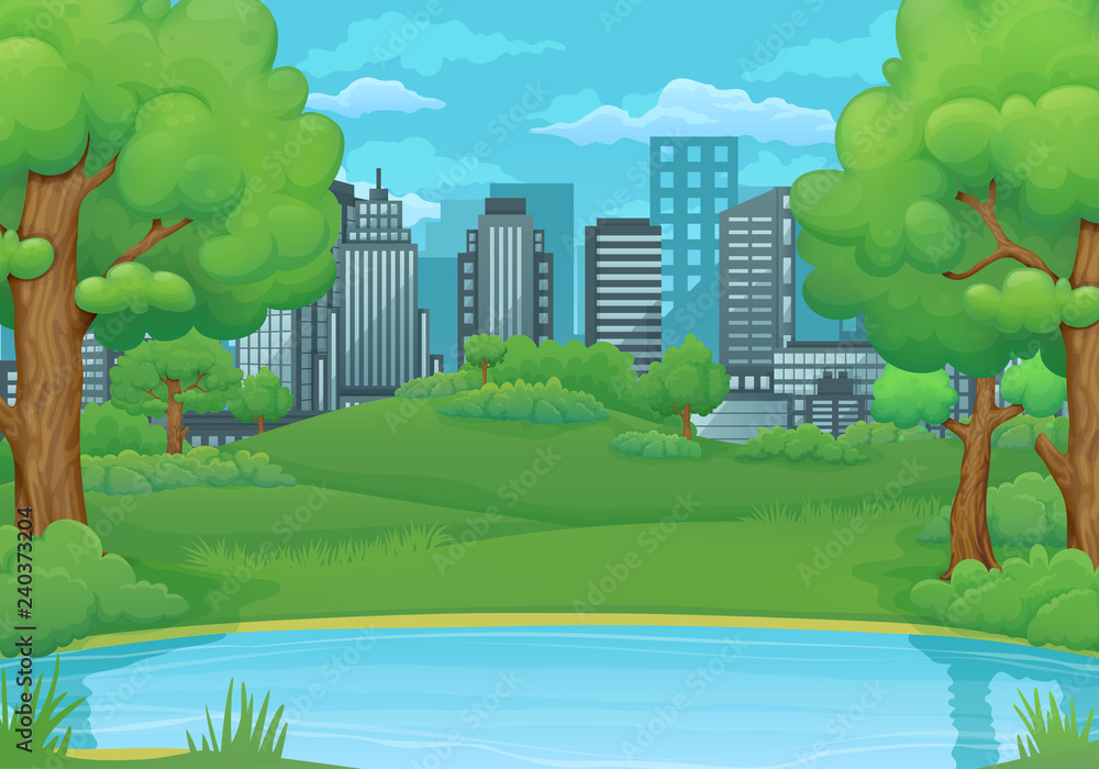 Summer, spring day background. Lake or river with lush green trees and bushes. Green meadows and city in the background.