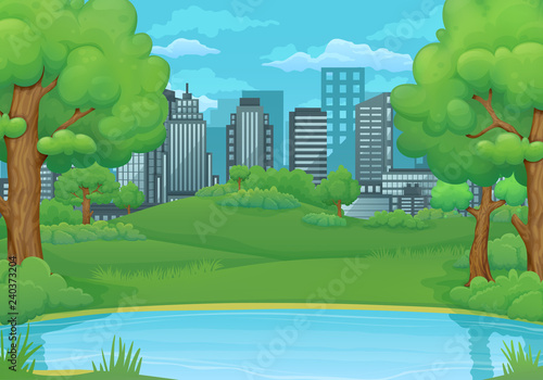 Summer, spring day background. Lake or river with lush green trees and bushes. Green meadows and city in the background.