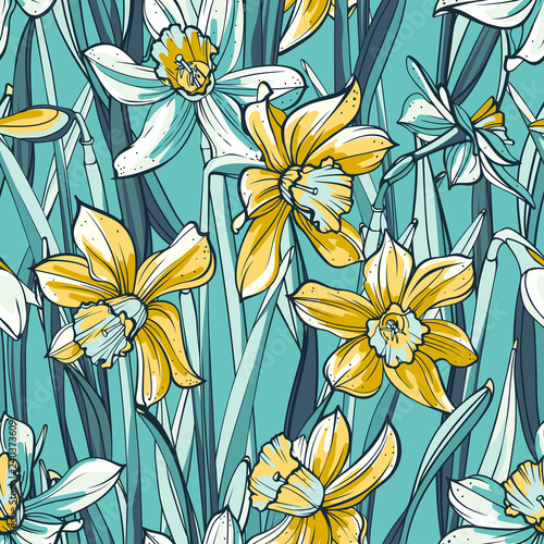 Seamless floral pattern on blue background. Hand-drawn yellow and white linear flowers - Daffodil.