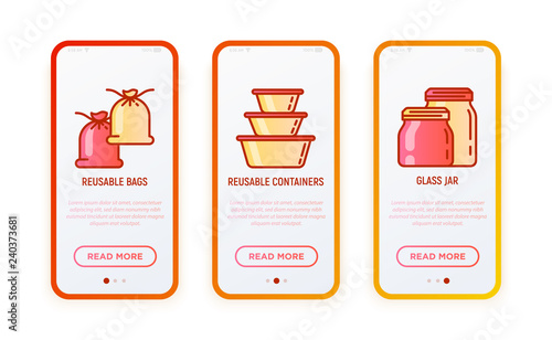 Zero waste thin line icons set: reusable bags, containers, glass jar. Modern vector illustration for user mobile interface.