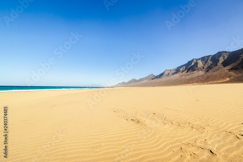 Fuerteventura  Canary Islands  Spain. Cofete beach with endless horizon and traces on sand. Volcanic hills in the background and Atlantic Ocean.