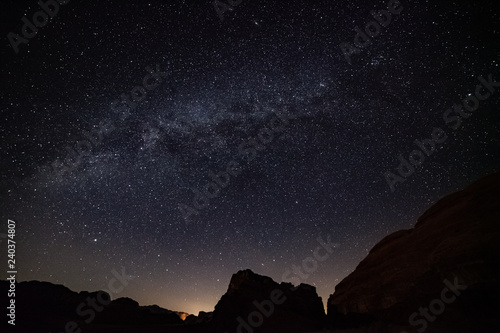 Amazing Milky way over Monument Valley. Fantasy Desert Wadi Rum in Jordan, Rock formations, mountains and the night sky.