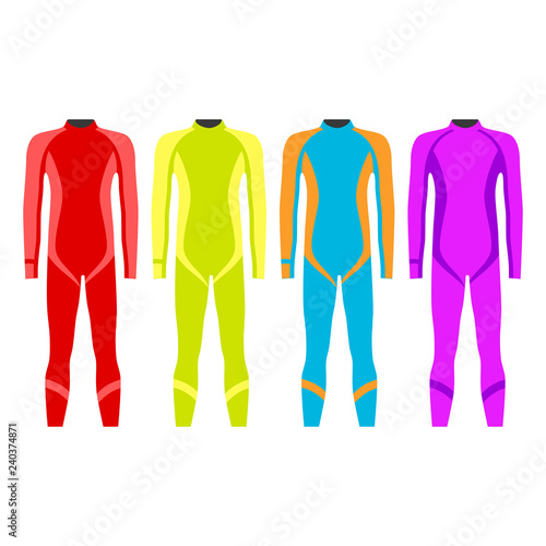 Set of Diving suits. Vector illustration. Suit for spearfishing. Scuba diving outfit. Diving equipment kit. EPS 10.