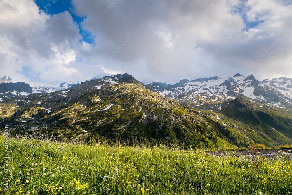 Postcard from Spring Alps. Sustenpass, Switzerland - Landscape of the mountains and the nature of the Susten region.