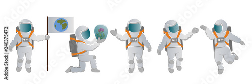 A set of astronauts. People in space suits in various poses. Space exploration. Colonization of Mars and other planets. Vector character