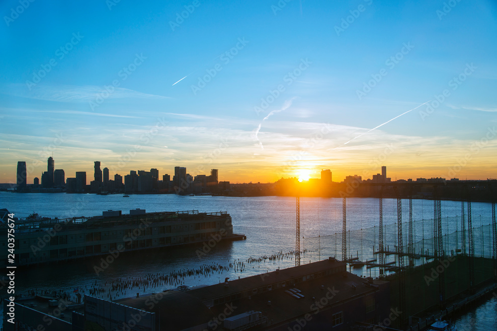 Skyline of New jersey and Hudson river NY during sunset